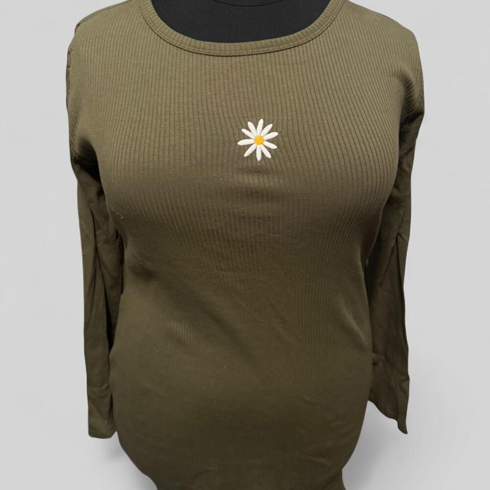 Olive Green Daisy Embroidered Ribbed Long Sleeve Dress XXL NWT